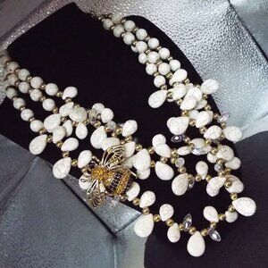 HOWLITE STONE TEARS & AB CRYSTALS 3 STRAND W/ HONEYBEE GOLDEN PIN NECKLACE D1
